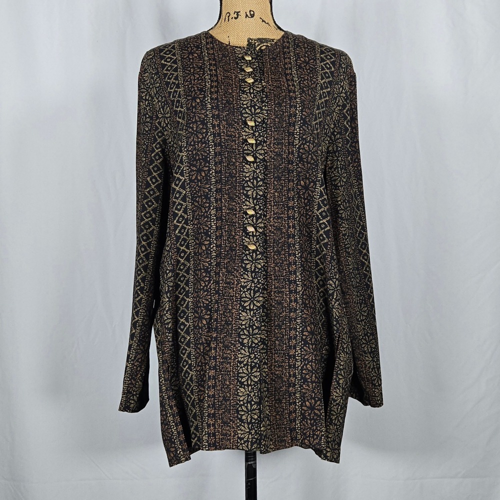 Vintage R&M Richards by Karen Kwong Boho Tunic Top Metallic Print Size 18 USA